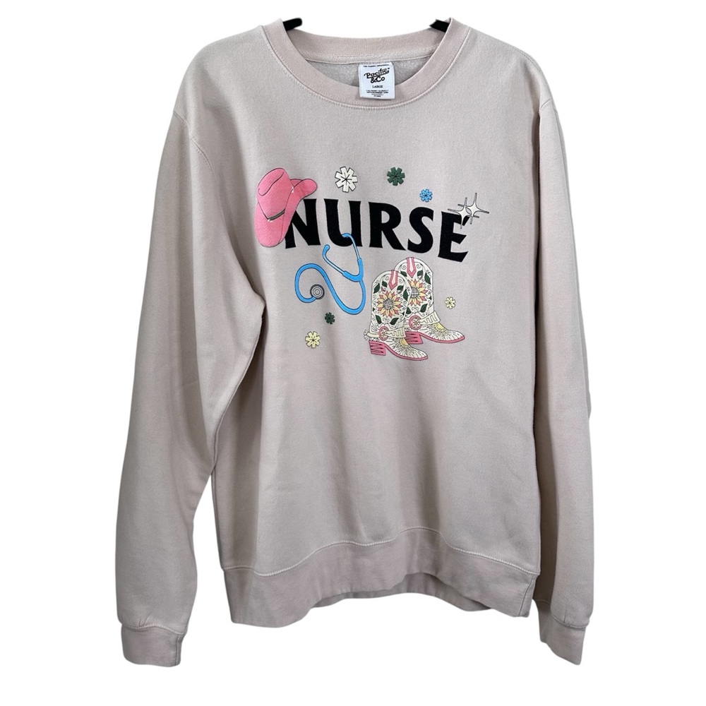 Pacific & Co Western Nurse Crewneck Large Cream Cowgirl Boots Stethoscope
